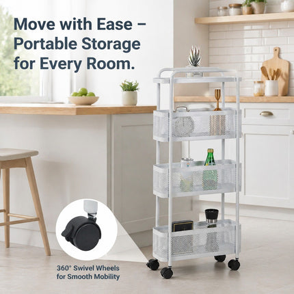 4 Tier Slim Rolling Utility Cart White Plastic Storage Organizer With Wheels