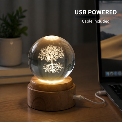 Tree of Life Crystal Ball 8cm LED Night Light Rotating Base USB Warm White + RGB