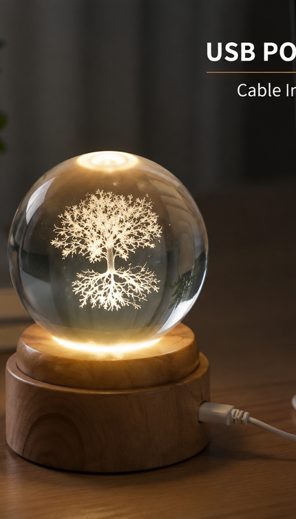 Tree of Life Crystal Ball 8cm LED Night Light Rotating Base USB Warm White
