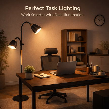 Floor Lamp Black Dual Heads E27 Reading Home Modern Rotating Adjustable Light