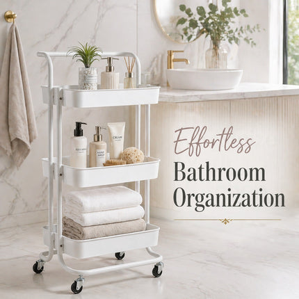 3-Tier White Metal Rolling Cart