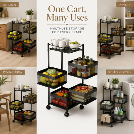 Storage Rack 5 Tier Rotating Kitchen Vegetable Trolley Cart Organizer Shelf