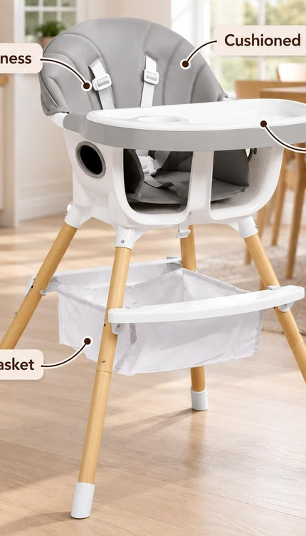 Baby High Dining Chair Removable Tray Cushioned Seat Harness with Storage Basket
