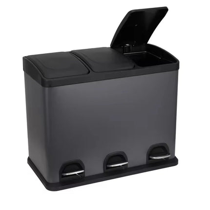 45L Kitchen & Office Pedal Bin Triple Compartment Stainles Steel Recycling 3x15L