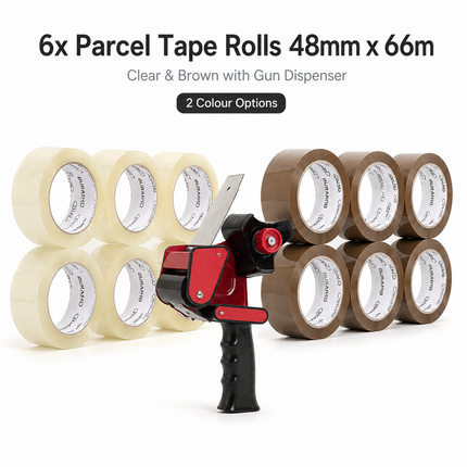 Tape Gun Dispenser with 6 Brown or Clear Packing Tape Rolls 48mm x 66m