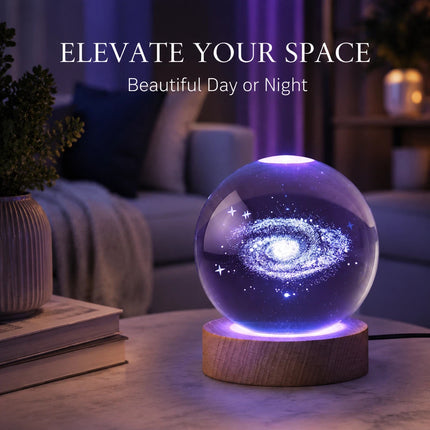 Galaxy Crystal Ball Night Light 8cm 3D Engraved - Wooden Base Warm White + RGB