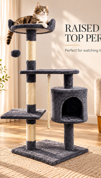 Multi Level Cat Tree 120cm Sisal Scratching Post Hammock Condo Climbing Tower
