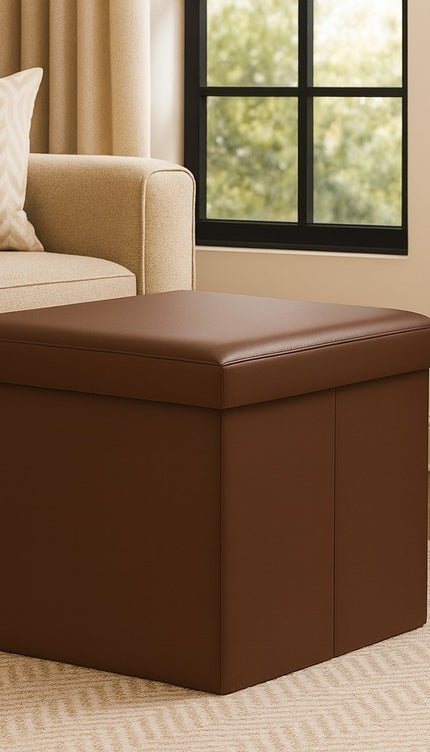 Faux Leather Folding Ottoman Seat Stool Storage Box Home Footstool-Single Brown