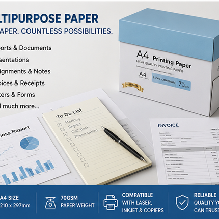 A4 Printer Paper White 70gsm 5-Ream 2500 Sheets Multipurpose Inkjet Laser Copier