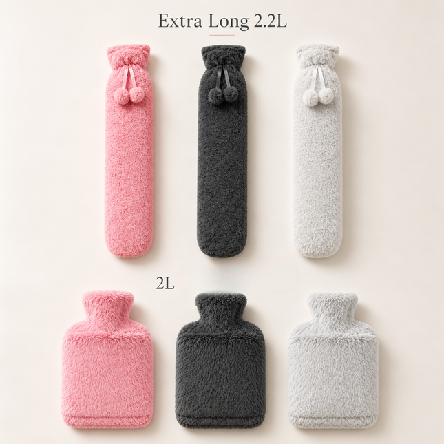 Hot Water Bottle 2L & 2.2L Extra Long Soft Fleece Faux Fur Cover Winter Warmer