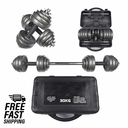 30kg Cast Iron Adjustable Dumbbell Barbell Set Non-Slip Grip Men Women Workout