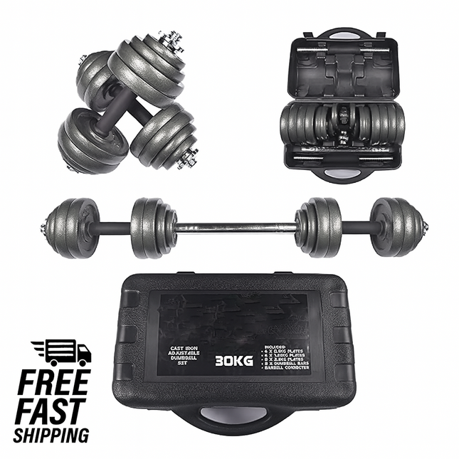 30kg Cast Iron Adjustable Dumbbell Barbell Set Non-Slip Grip Men Women Workout