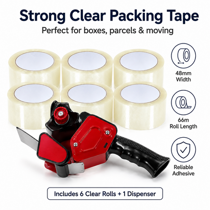 Tape Gun Dispenser with 6 Brown or Clear Packing Tape Rolls 48mm x 66m