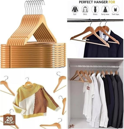 20 Pack Wooden Hangers Non Slip Flocked Coat Clothes Wardrobe Space Saving