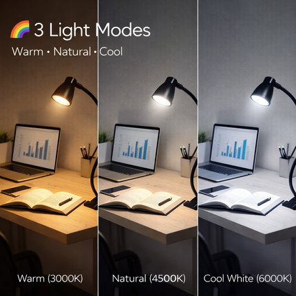 LED Desk Lamp Clip-On 3W Flexible Reading Light Eye Care 10-Level Brightness