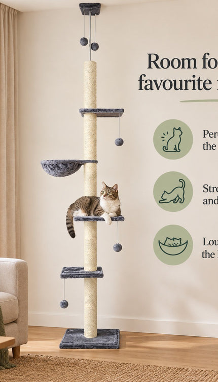 Floor to Ceiling Cat Tree 252cm Multi Level Sisal Scratching Post Hammock Toy