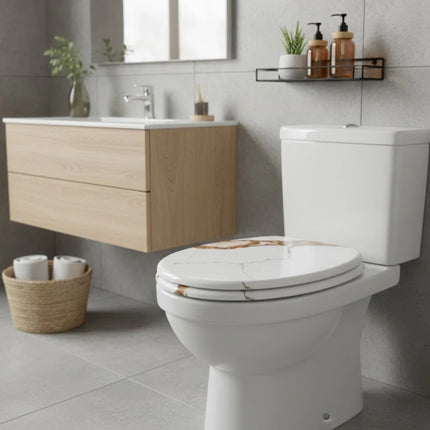Universal Toilet Seat Gold Vein Marble Design Easy Fit WC Seat With Fitting 18"