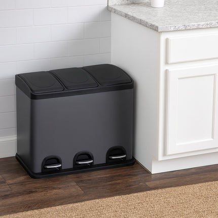 45L Kitchen & Office Pedal Bin Triple Compartment Stainles Steel Recycling 3x15L