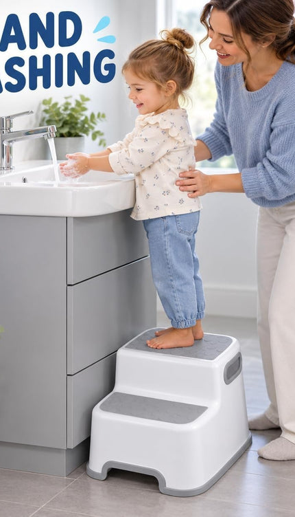 Kids Double Step Stool Non-Slip Bathroom Sink Toilet Carry Handles White Grey
