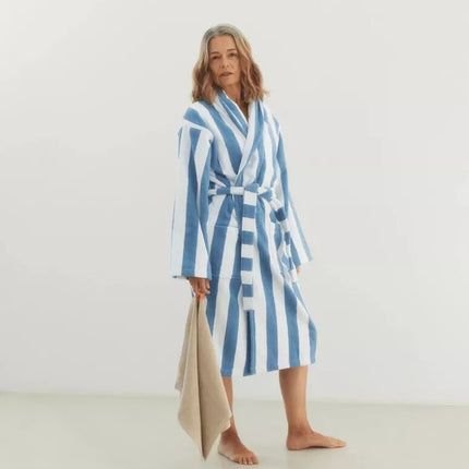 Large White & Blue Unisex Cotton Terry Bathrobe Gown Soft Spa Robe Men Women