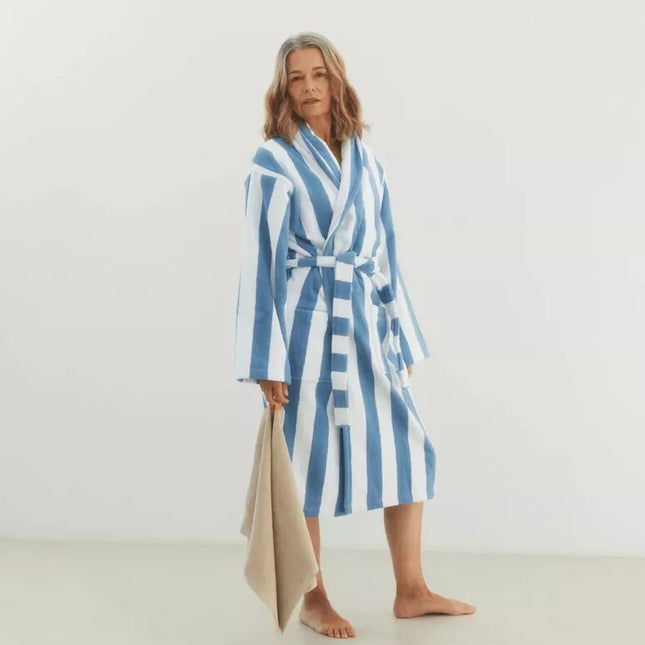Large White & Blue Unisex Cotton Terry Bathrobe Gown Soft Spa Robe Men Women
