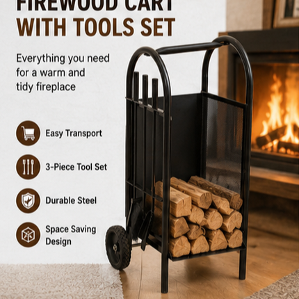 Firewood Log Cart Wheeled with 3 Tools Black Steel Fireplace Log Holder Set