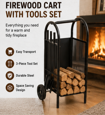 Firewood Log Cart Wheeled with 3 Tools Black Steel Fireplace Log Holder Set
