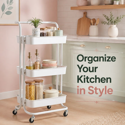 3-Tier White Metal Rolling Cart
