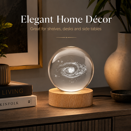Galaxy Crystal Ball Night Light 8cm 3D Engraved - Wooden Base Warm White + RGB
