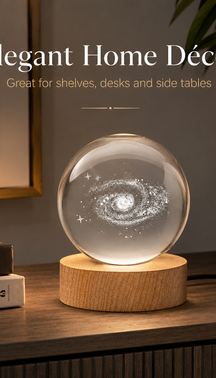 8cm Galaxy Crystal Ball LED Night Light with Wooden Base