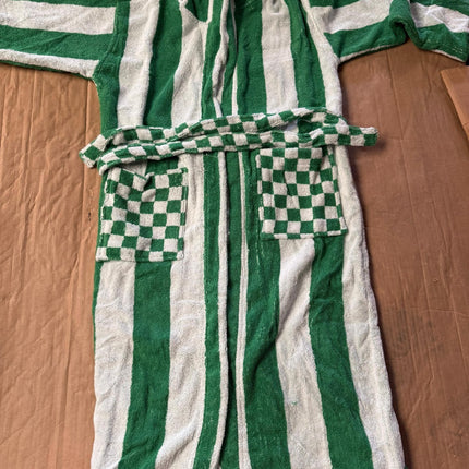 X-Large Green & White Unisex Cotton Terry Bathrobe Gown Soft Spa Robe Men Women