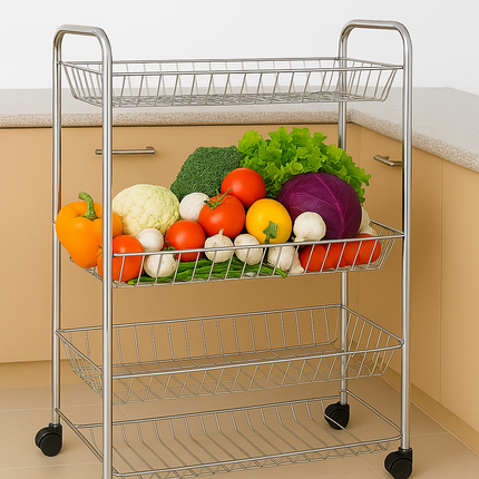 3/4 Tier Fruit Vegetable Trolley Basket Rack Kitchen Storage Cart with Wheels