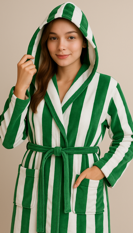 X-Large White & Green Unisex Cotton Terry Bathrobe Gown Soft Spa Robe Men Women