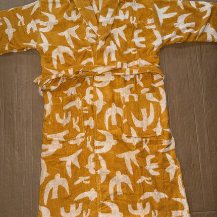 Medium Yellow & White Unisex Cotton Terry Bathrobe Gown Soft Spa Robe Men Women