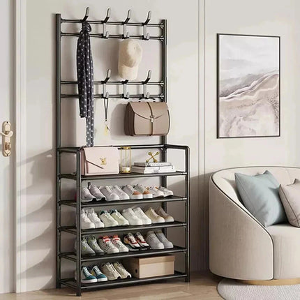 5-Tier Entryway Coat Rack Shoe Rack Storage Organizer Black Bench Home Office