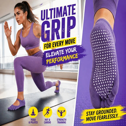Toe Yoga Socks Purple Balance Pilates & Barre Workout Adults Non Slip Grip Socks