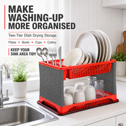 Dish Drainer Rack With Drip Tray 2 Tier Sink Drying Plate Bowl Cutlery Holder