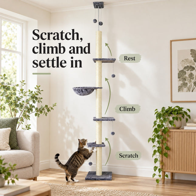 Floor to Ceiling Cat Tree 252cm Multi Level Sisal Scratching Post Hammock Toy