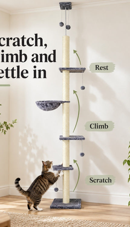Floor to Ceiling Cat Tree 252cm Multi Level Sisal Scratching Post Hammock Toy