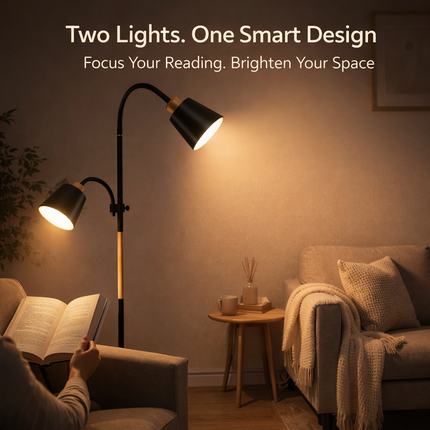 Floor Lamp with Dual Heads E27 Reading Light Modern Rotating Adjustable for Home