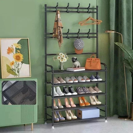 5-Tier Entryway Coat Rack Shoe Rack Storage Organizer Black Bench Home Office