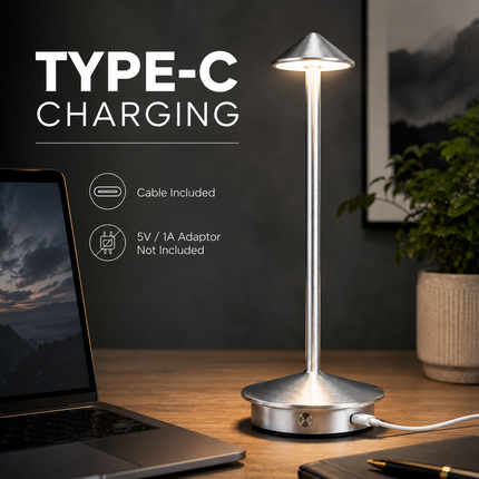 Cordless LED Table Lamp USB-C Rechargeable Dimmable Metal Light 3 Colour Modes