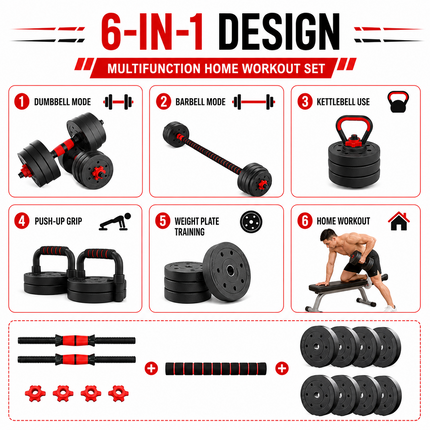 Adjustable Dumbbell Barbell Kettlebell  15KG  Weight Set 6 in 1 Home Gym