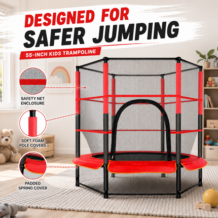 55" Kids Trampoline With Safety Enclosure Net Indoor Outdoor Bouncing Rebounder