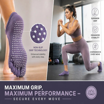 Toe Yoga Socks Purple Balance Pilates & Barre Workout Adults Non Slip Grip Socks