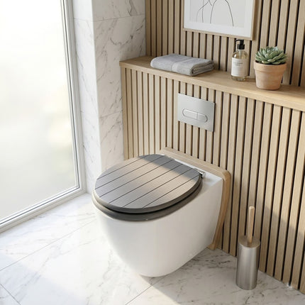 18" Universal Toilet Seat Grey Groove MDF Wooden Bathroom WC Easy Fit Seat