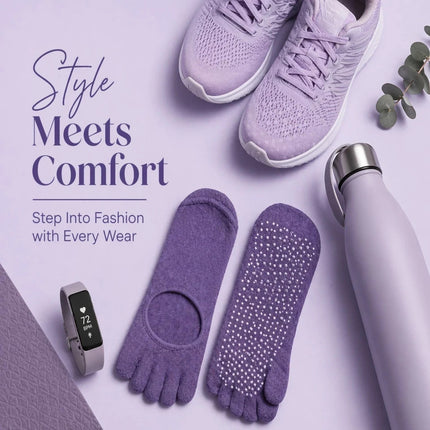 Toe Yoga Socks Purple Balance Pilates & Barre Workout Adults Non Slip Grip Socks