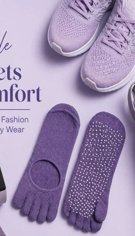 Toe Yoga Socks Purple Balance Pilates & Barre Workout Adults Non Slip Grip Socks