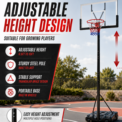 Portable Basketball Hoop Stand 6.5-10FT Adjustable Height Backboard Wheeled Base