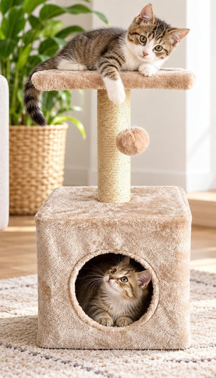 Cat Tree Scratching Post 65cm Condo Hanging Ball Kitten Activity Centre Beige